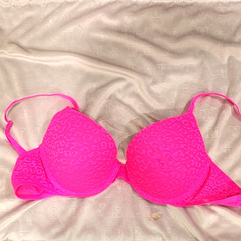 Pink, hot pink padded with lace covering bra.